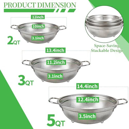 Stainless Steel Colander Set of 3, 18/8 Food Grade Steel Kitchen Strainers, 2, 3 & 5 Quart Metal Pasta Strainers with Welded Handles, Non-Slip Feet, 2.5mm Precision Holes, Dishwasher Safe - color: Stainless Steel