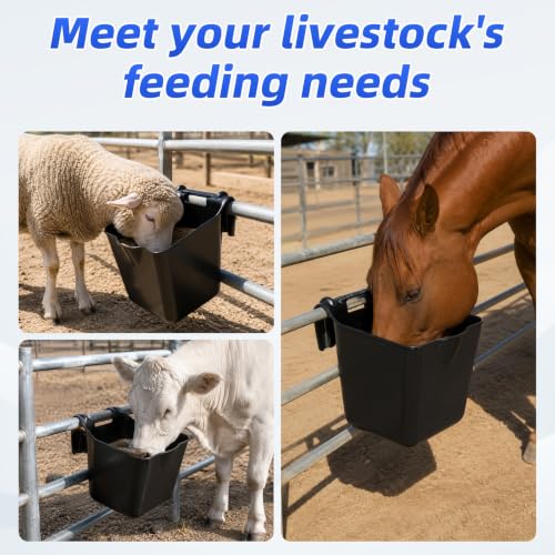 15 Quart Horse Feed Bucket, Heavy Duty Plastic Livestock Feeding Pails, Black, Pack of 6, Multipurpose Water & Feed Tubs for Horse, Pony, Goat, Farm Stable Use