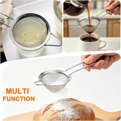 Small Fine Mesh Strainer Set, Stainless Steel Mini Sieve, Bar Strainer for Cocktail, Juice, Coffee, Tea Strainer for Loose Leaf Tea, Mini Sifter for Matcha, Flour, 2 PCS