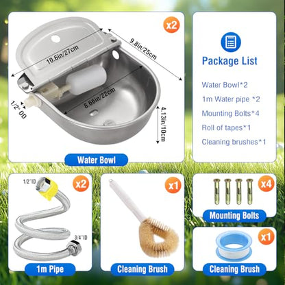 2-Pack Automatic Livestock Waterer, 304 Stainless Steel Auto Fill with Float Valve, Drainage Hole & Baffle, with 39" Hose (3/4"), Wall/Floor Mount, for Dogs, Chickens, Horses, Goats, Pigs
