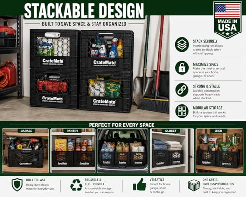 CrateMate Heavy-Duty Black Milk Crates for Storage, Organization & DIY | Perfect for Home, Camping, Worksite, & More - USA Made, Stackable, Durable (16 Quart) - size: 16 Quart