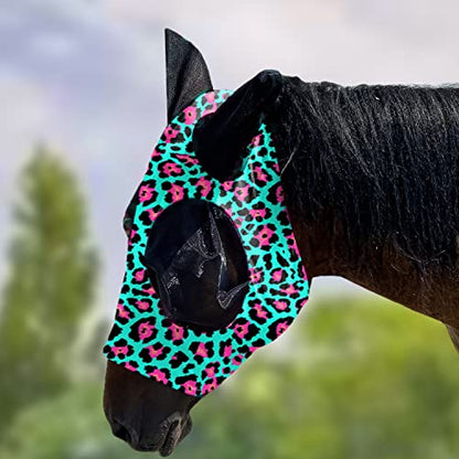 Upgrade Uv Horse Fly Mask with Ears - Equine Sunscreen Lycra Quiet Ride Elasticity Fly Mask with Ear Protection (Green Leopard Print) - color: Green Leopard print