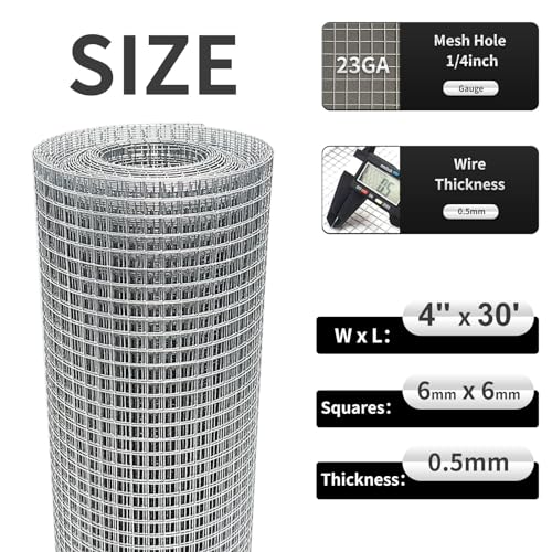Hardware Cloth 4'' x 30' 1/4 in Galvanized Wire Mesh Roll (23 GA) Chicken Wire Fence Roll for Chicken Pen/coop Fences, Screen mesh, Rabbit/Snake Fences, Poultry enclosures, Handicraft Making, etc. - size: 4In x 30Ft