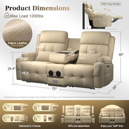 Power Reclining Loveseat Sofa with Flip Backrest Console - color: Kahki Texture Finish, size: Power Loveseat