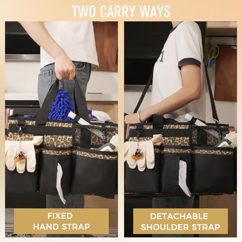 SCAVATA Wearable Cleaning Caddy, Cleaning Caddy Supplies Organizer with Handle & Shoulder Straps for Housekeepers, Under Sink & Car Cleaning Tool Organizers Bag with 4 Foldable Divider (Leopard) - color: Leopard