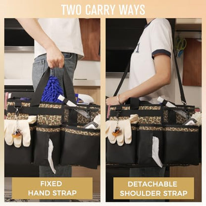 SCAVATA Wearable Cleaning Caddy, Cleaning Caddy Supplies Organizer with Handle & Shoulder Straps for Housekeepers, Under Sink & Car Cleaning Tool Organizers Bag with 4 Foldable Divider (Leopard) - color: Leopard