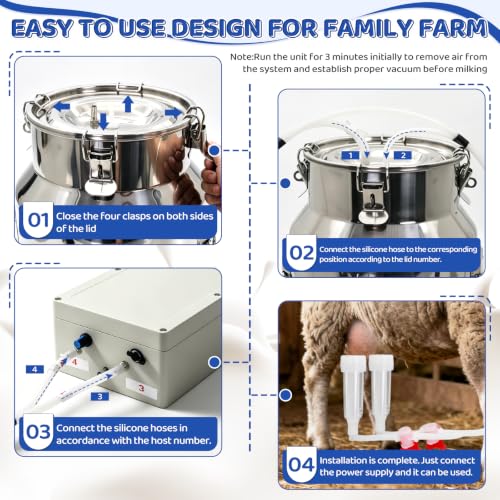 2-in-1 Goat and Cow Milking Machine, 3.7Gal Stainless Steel Bucket with 5200mAh Built-in Rechargeable Battery, Cordless Electric Vacuum Pulsator, 4 Teat Cups, Portable Electric Milking Machine (14L)