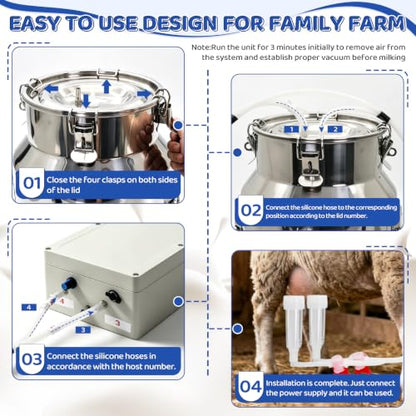 2-in-1 Goat and Cow Milking Machine, 3.7Gal Stainless Steel Bucket with 5200mAh Built-in Rechargeable Battery, Cordless Electric Vacuum Pulsator, 4 Teat Cups, Portable Electric Milking Machine (14L)