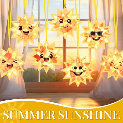 AmazingSpark 30 Pcs Sun Suncatchers Craft Kits, Stained Glass Spring | DIY Tissue Paper Set for Kids, Sun Face Designs, Bulk Party Art Activities, Summer Classroom Window Decorations - style: Sun