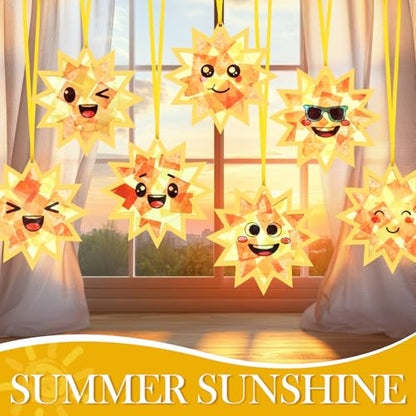 AmazingSpark 30 Pcs Sun Suncatchers Craft Kits, Stained Glass Spring | DIY Tissue Paper Set for Kids, Sun Face Designs, Bulk Party Art Activities, Summer Classroom Window Decorations - style: Sun