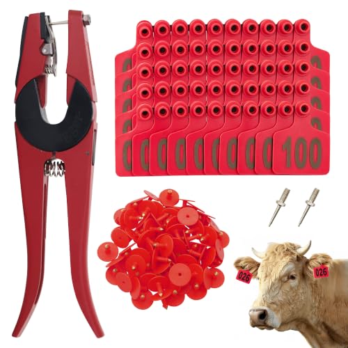 100 PCS Cattle Ear Tags Numbered 001-100 with Pliers for Goats Sheep Pigs - color: Red