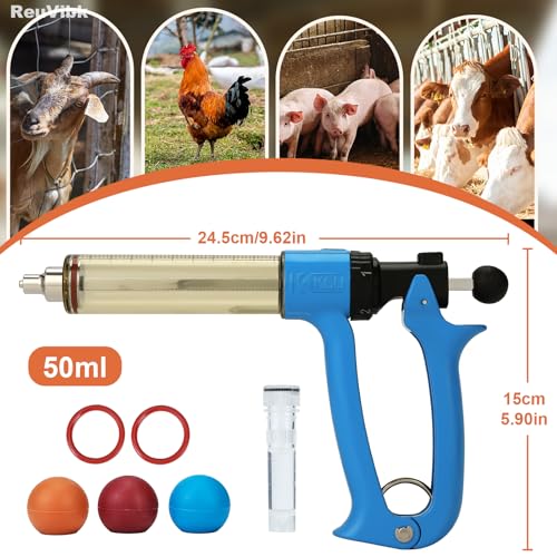 50ml Semi-Auto Repeating Livestock Syringe Gun, 5 Dose Settings - color: Blue50ML