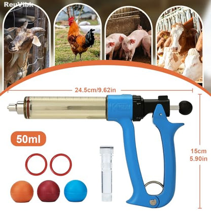 50ml Semi-Auto Repeating Livestock Syringe Gun, 5 Dose Settings - color: Blue50ML