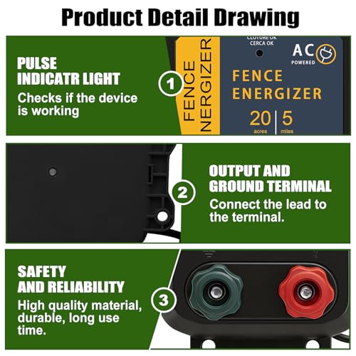 PE5 Electric Fence Charger for Livestock Containing Pets and Animal Control-5 Miles/ 20 Acres AC Powered 120 Volt (with Aluminum Wire) 0.20 Joule - size: PE5 with wire