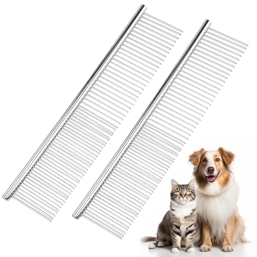 PETTOM 2Pcs Stainless Steel Dog Comb, Round Tooth Cat Comb with 2 Tooth Widths, Metal Combs for Removing Knots and Tangles, Grooming Tool for Long and Short Hair Pets, 7.5 IN Silver - style: Comb C