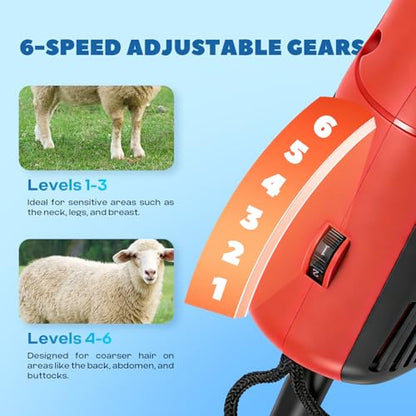 1200W Sheep Shears Professional 3800RPM with 6-Speed Adjustable | Heavy-Duty Sheep Clippers with 9-Tooth Carbon Steel Blade, Animal Shears Electric for Goats, Cattle, Horses & Alpacas