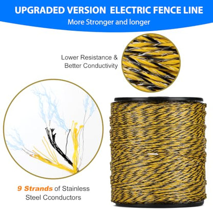 Electric Fence Wire Kit - Upgraded 1312 Feet 9 Strands Electric Fence Polywire with Reliable Conductivity & Rust Resistance - 100 Pcs Electric Fenceing Insulator with 1 Pcs Socket Tool & Gloves - color: 1312FT-KIT