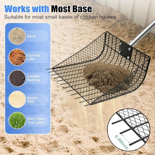 12 inch Large Chicken Poop Scooper Rake with Sifting Litter Shovel, Stainless Steel Handle (25 to 66"), Heavy-Duty Poultry Litter Scoop for Chicken Coop for Sand & Farm Pet Waste Cleaning
