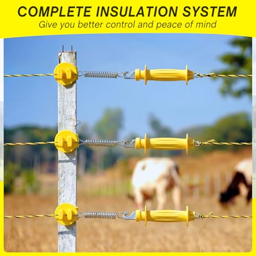 SATINIOR 46 Pcs Electric Fence Kit Included 3366ft/ 1026m Electric Fence Polywire, 40 T Post Insulators Socket, 5 Yellow Rubber Gate Handle Insulators for Fencing Horse, Cattle, Predator Protection
