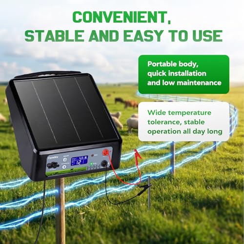 20 Miles Solar Electric Fence Charger, Adjustable 6/8/10/12KV & 0.3J-2J Pulse Energy, AC & Solar Power Electric Fence Charger for Garden Farm Pasture Livestock Predator Protection