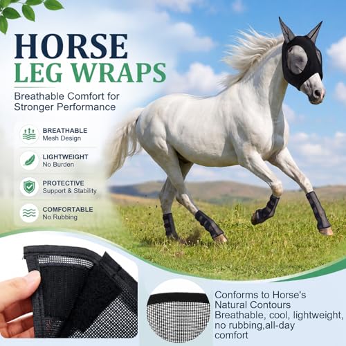 Hsei Mule Horse Fly Mask Set with Fly Boots with Ears Breathable Pony Equine Mask Horses Accessories for Pony Miniature Foal Draft Cob Arabian Donkey Farm Pet Small