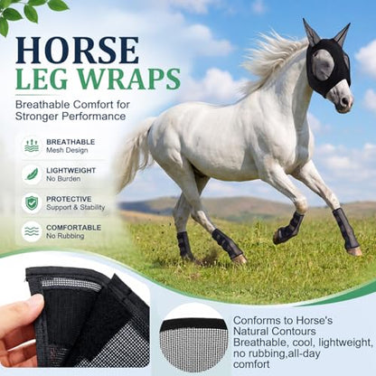 Hsei Mule Horse Fly Mask Set with Fly Boots with Ears Breathable Pony Equine Mask Horses Accessories for Pony Miniature Foal Draft Cob Arabian Donkey Farm Pet Small