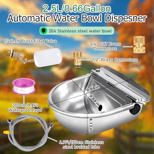 Automatic Water Dispenser for Dog,Stainless Steel Outdoor Dog Water Bowl Dispenser,Auto Refill Water Feeder for Chicken Horse Goat Livestock,Pipe and Brass Valve,1/2" to 3/4" GHT Adapter