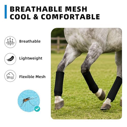 Fly Boots for Horses Set of 4, Breathable Mesh Horse Fly Boots with Support Stays, Adjustable Hook and Loop Closure, Helps Reduce Fly Bites & Stomping, Horse Leg Wraps for Pasture Turnout