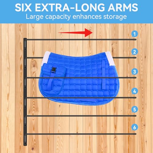 2 Pack Heavy Duty Saddle Pad Rack, Wall Mount Horse Blanket Holder | 180° Swing-Out Horse Blanket Rack with 6 Well-Spaced Arms, Wall-Mounted Saddle Pad Storage for Stable, Garage & Tack Room