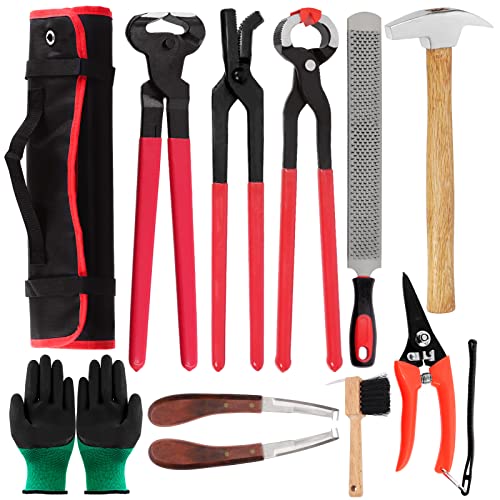 Swpeet 12Pcs Professional Farrier Tools with Roll Pack, Horses Hoof Trimmers Shears, Farrier Rasp File, Hoof Nipper, Horseshoe Brush, Hoof Knife, Horse Round Mouth Unloading Pliers, Horse Nail Pliers