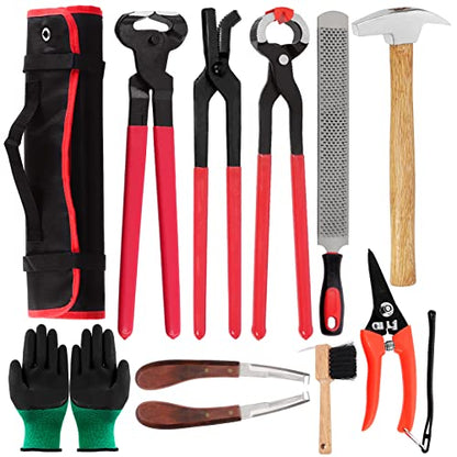 Swpeet 12Pcs Professional Farrier Tools with Roll Pack, Horses Hoof Trimmers Shears, Farrier Rasp File, Hoof Nipper, Horseshoe Brush, Hoof Knife, Horse Round Mouth Unloading Pliers, Horse Nail Pliers