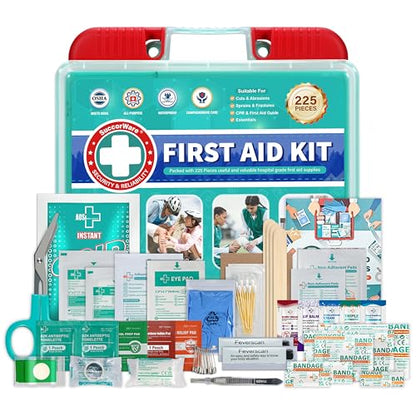 SuccorWare 225 Pieces First Aid Kit, Includes Ice Pack, Adhesive Bandages, Wound Gauze Pads, Portable First Aid Bag for Home, Car, Business, Travel, Outdoor Emergency Medical Kits