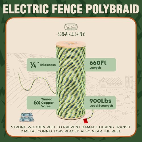 Electric Fence Polybraid 1/4" Rope 660Ft - 6 Tinned Copper Wires - size: 660 ft