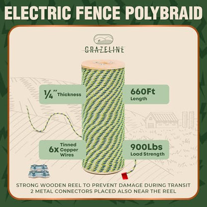 Electric Fence Polybraid 1/4" Rope 660Ft - 6 Tinned Copper Wires - size: 660 ft