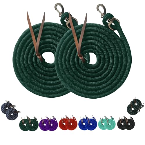 Majestic Ally 14' Pack of 2 Poly Training Lead Rope with Leather Popper for Horses & Livestock – 14 Foot Long and 5/8 inch Thick - Replaceable Heavy-Duty Bolt Snap (Hunter Green) - color: Hunter Green