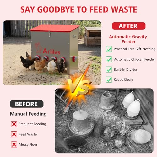 Automatic Chicken Feeder Box, 120lb Capacity, 10 No-Waste Ports, Metal Poultry Feeder with Covered Lid & Elevated Stand, Feed Dispenser for Chickens, Ducks & Backyard - size: 120 LB