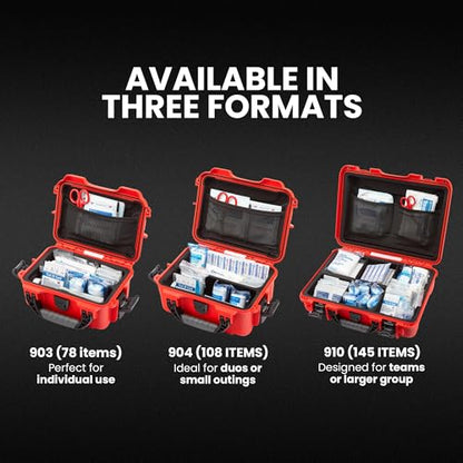 NANUK 910 Waterproof First Aid Kit 146pcs – Durable, Pre-Stocked First Aid Emergency Kit with Bandages, Tick Removal Tool, and More – Dustproof, Impact-Resistant, Floats (14.3" x 11.1" x 4.7") – Red