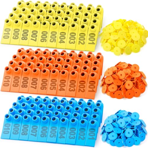DoubleFill 300 Pcs Livestock Ear Tags for Sheep Goat Cattle 001-100 Number Plastic Sheep Ear Tags for Cow Pig Dog Deer Horse Farm Animal Identification (Yellow,Blue,Orange) - color: Yellow,blue,orange