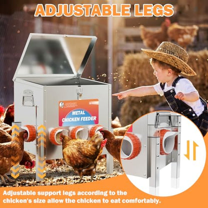 55LBS Automatic Chicken Feeder No Waste 5 Ports Metal Poultry Feeder with Adjustable Legs Perspective Window Latch & Handle for Chickens Bantams Pheasants - size: 5 Ports - 55 LBS with Legs