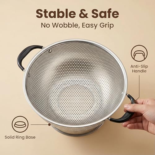304 Stainless Steel Colander, 3 Quart Micro-Perforated Strainer with Heavy Duty Plastic Handles - Fast Draining Metal Basket for Rinsing Rice, Washing Vegetables, Draining Pasta - Dishwasher Safe - size: 3QT-plus