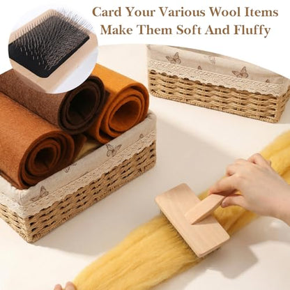 4 Pcs Hand Carders for Wool, Wool Carders & Carding Brush Set with Wood Handle, 4.72" x 7.09" Yarn Brush for Needle Felting, Pet Grooming, Yarn & Fiber Craft Projects (Natural Wood)
