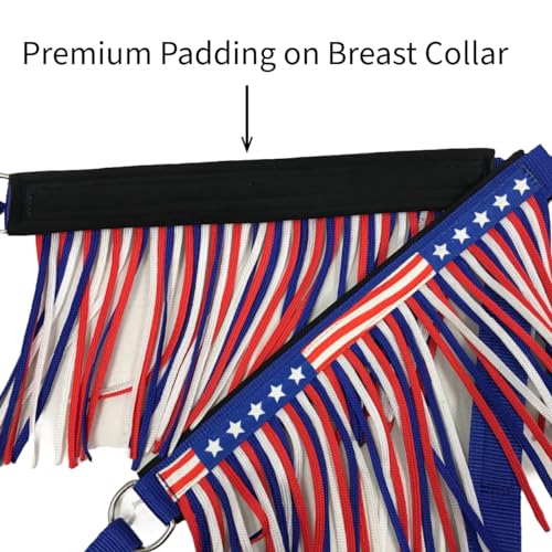 Tahoe Tack American Flag Double Layered Nylon Patriotic Padded Headstall, Reins and Breast Collar with Fringes 3 Items Set