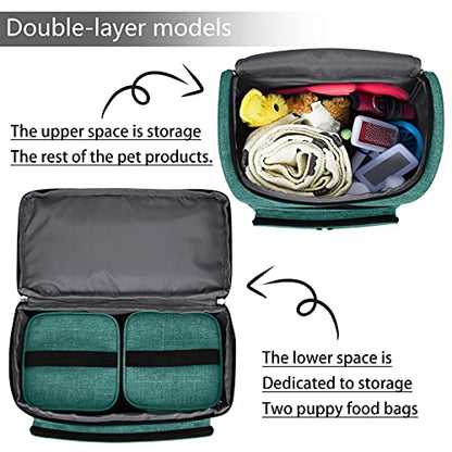 BAGLHER Pet Travel Bag, Double-Layer Pet Supplies Backpack (for All Pet Travel Supplies), Pet Travel Backpack with 2 Silicone Collapsible Bowls and 2 Food Baskets Green - color: Green