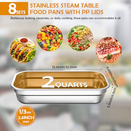 8 Pcs 304 Stainless Steel Food Storage Containers with Lids 1/3 Size Hotel Pan Chicken Food Grade Pans Metal Meal Containers for Restaurant Stackable Kitchen Freezer Buffet(2.5 Inch Deep) - size: 2.5 Inch Deep