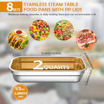 8 Pcs 304 Stainless Steel Food Storage Containers with Lids 1/3 Size Hotel Pan Chicken Food Grade Pans Metal Meal Containers for Restaurant Stackable Kitchen Freezer Buffet(2.5 Inch Deep) - size: 2.5 Inch Deep