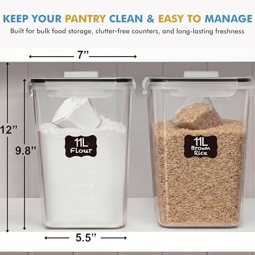 Shazo 2 PC (11L | 372 oz) Flour Sugar Storage Containers with Spout Lid & Easy Carry Handle - BPA Free Extra Large Airtight Food Storage Containers with Lids - Rice Canisters Sets for Kitchen & Pantry - color: Black