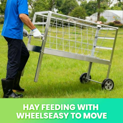 2 in 1 Hay Rack and Grain Bin Combo for Goats Sheep Lambs Freestanding Livestock Feeder with Wheels for Easy Rolling Heavy Duty Galvanized Steel Outdoor Farm Feeding Cart