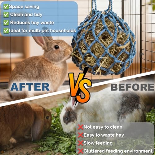 2 Pcs Rabbit Hay Feeder Mesh Bags, 2 Metal Hooks Hanging Hay Mesh Bags, Guinea Pig Hay Bags, High-Capacity Bunny Hay Feeder Bag for Rabbits, Chinchillas, Hamsters, Small Pets