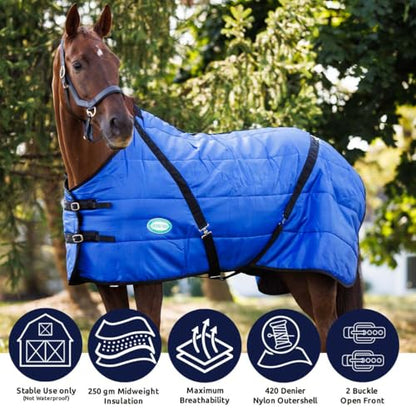 Country Pride Sentinel Channel Quilt Horse Stable Blanket, Midweight Open Front, 420D Nylon Outer Shell, 250g Poly-Fill Insulation, Wither Protection, Adjustable Leg Straps, Bias Surcingle (82, Blue) - color: Blue, size: 82