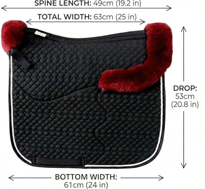 Woolous Dressage Saddle Pad, English Saddle Pad with Sheepskin Trim, Lambskin Wool Fleece Lining, Square Saddle Pad for Equestrian Riding, Comfortable & Shock Absorbing - color: Black/Red